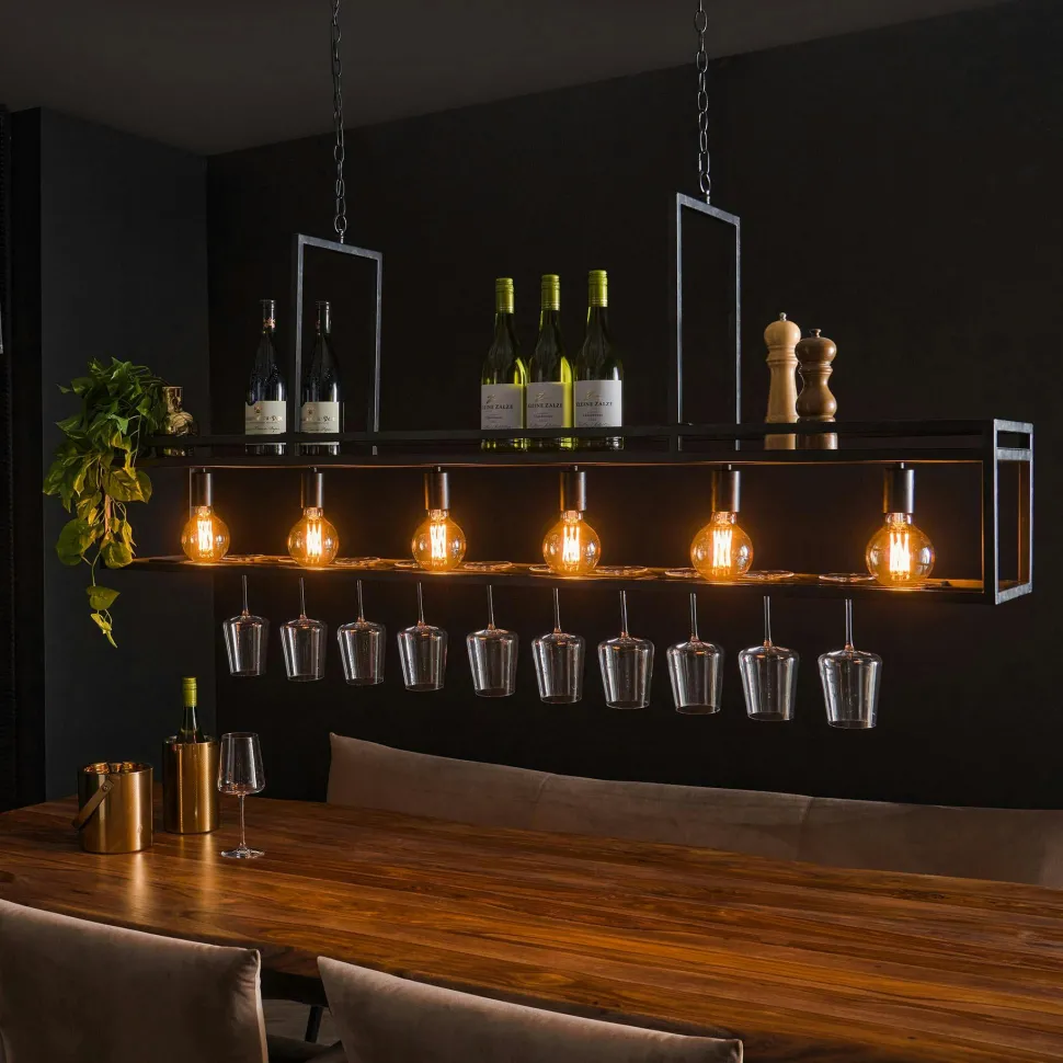 Suspension îlot cuisine 6 lampes avec support verres à pied, finition charbon RALF