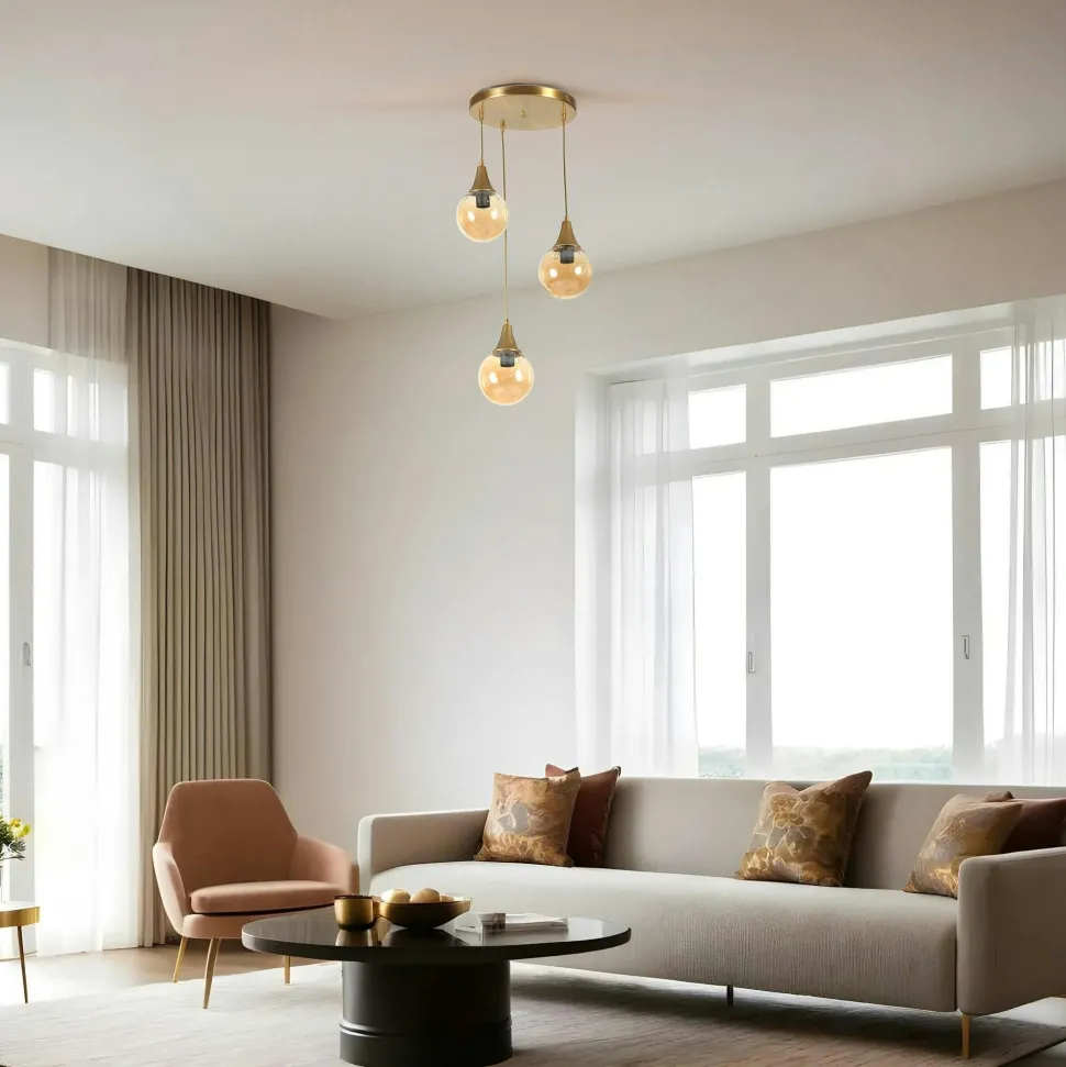 Suspension moderne dorée 3 globes verre ambré SIERRE