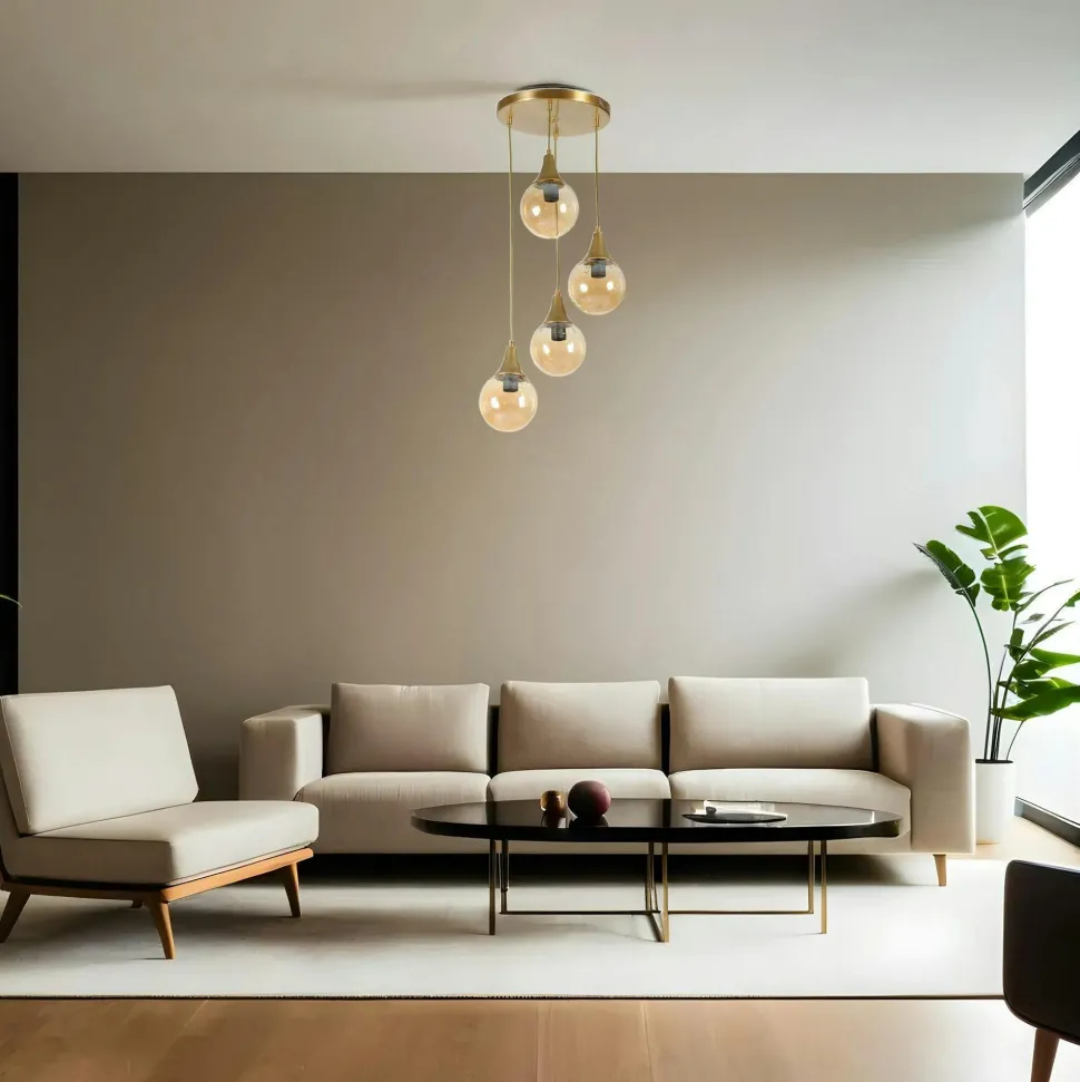 Suspension moderne dorée 4 globes verre ambré SIERRE