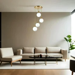 Suspension moderne dorée 4 globes verre ambré SIERRE