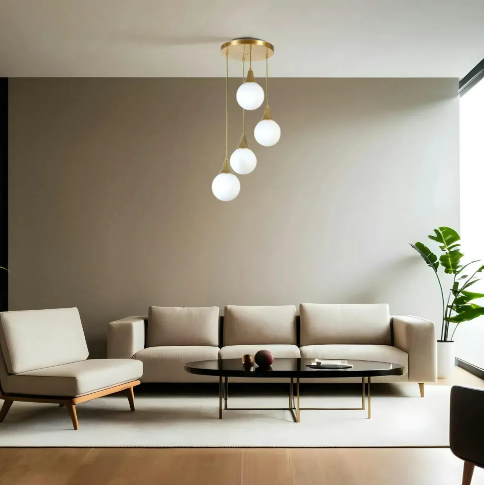 Suspension moderne dorée 4 globes verre dépoli SIERRE