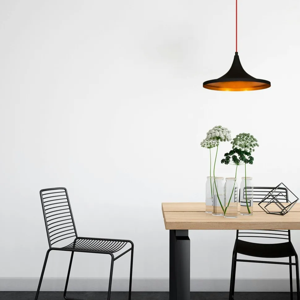 Suspension moderne noire mate câble rouge, forme cloche SILE