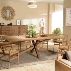 Table à manger 240 cm en teck recyclé massif pied mikado bois SWING