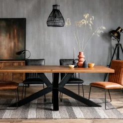 Table à manger carrée chêne métal pied croisé 130 cm OKA