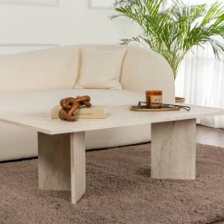 Table à manger ovale effet travertin pieds en V 200 cm MARFA