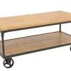 Table basse à roulettes double plateaux en Hévéa recyclé naturel et métal 120x60x47cm LOFT