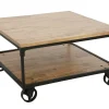 Table basse à roulettes double plateaux en Hévéa recyclé naturel et métal 90x90x47cm LOFT