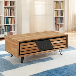 Table basse 1 tiroir chêne blanc décor graphique ESSEN
