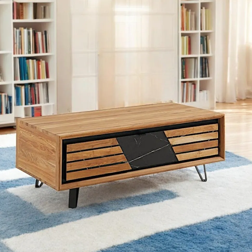 Table basse 1 tiroir chêne blanc décor graphique ESSEN
