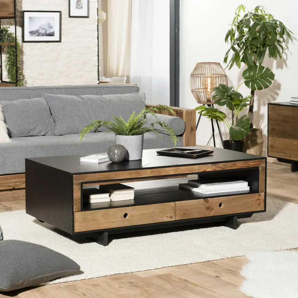 Table basse avec rangement bois recyclé pin CRACOVIE