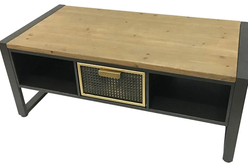 Table basse avec rangement et 1 tiroir en cannage métallique ATELIER
