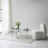 Table basse blanche design - verre trempé, pied croisé LHASA
