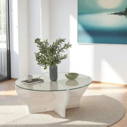 Table basse blanche en verre et bois - pied en X, ANZIO