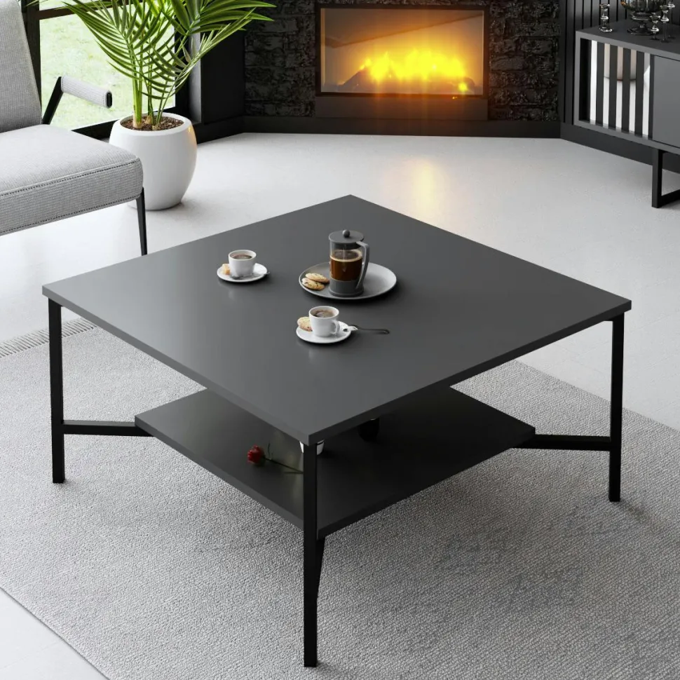 Table basse carrée anthracite, 2 plateaux pieds noirs JENA
