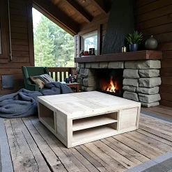 Table basse carrée avec casiers hévéa 100x100x38cm HELENA