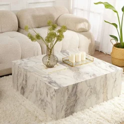 Table basse carrée design effet marbre blanc MARFA
