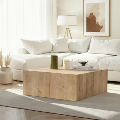 Table basse carrée effet bois clair roulettes invisibles MARFA