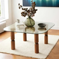 Table basse carrée en verre - pieds bois marron sculpté BOMA
