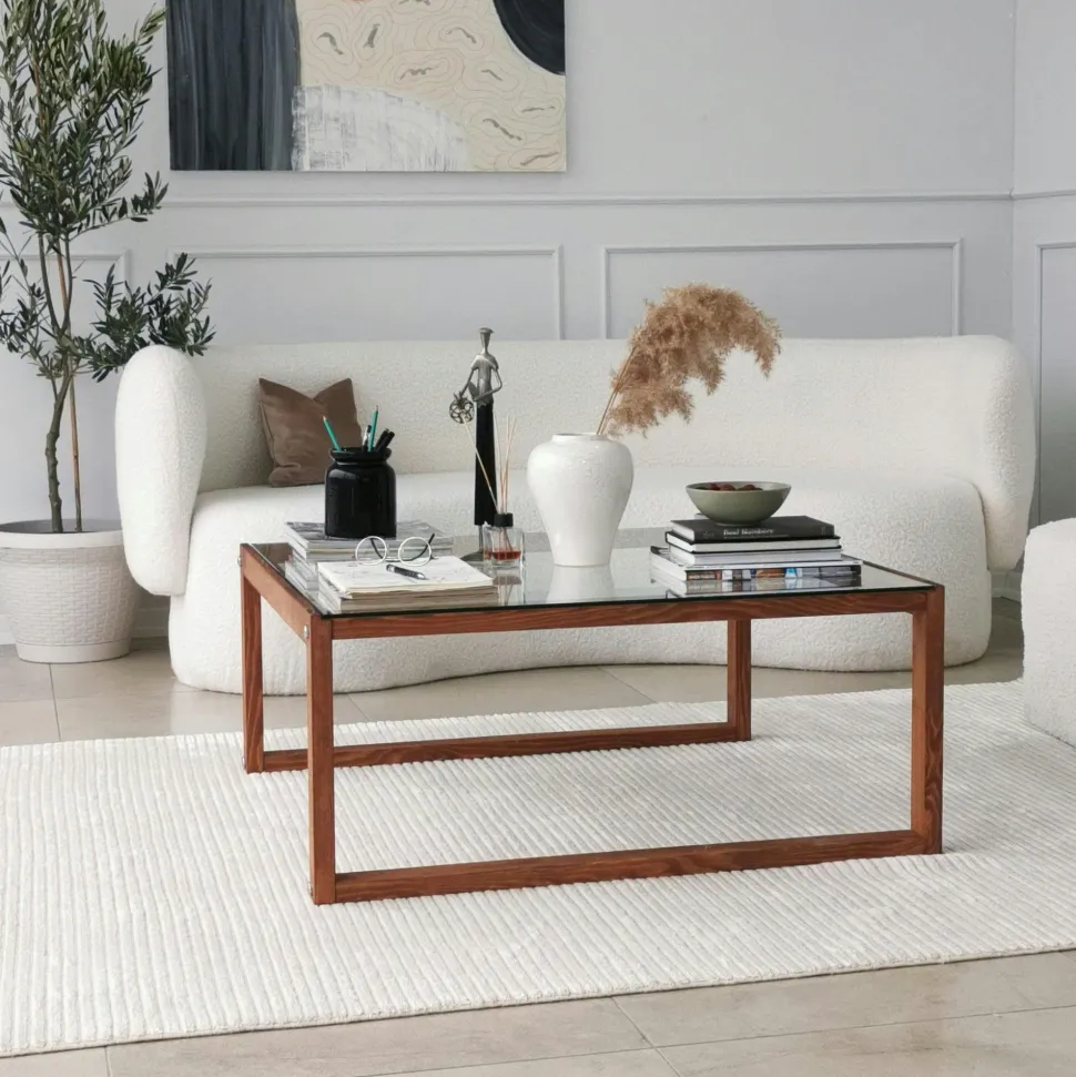 Table basse carrée en verre et bois brun LHASA