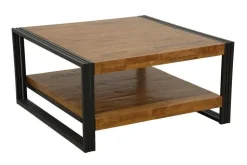 Table basse carrée hévéa recyclé naturel et métal noirci 2 plateaux 90X90X45cm DOCKER