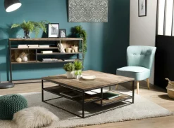 Table basse carrée teck recyclé tablettes SWING