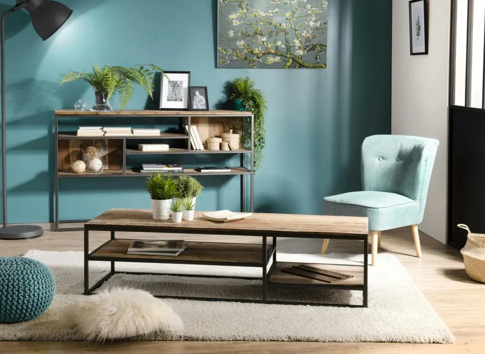 Table basse carrée teck recyclé tablettes SWING