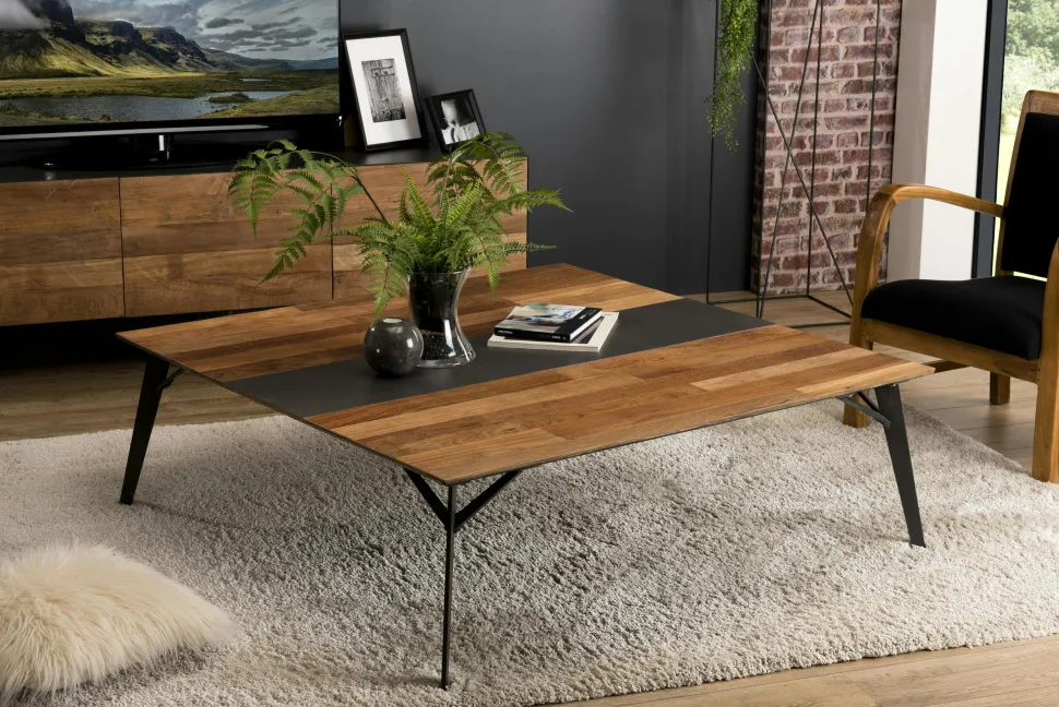 Table basse carrée teck recyclé métal 120x120 PANAMA