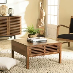Table basse carrée 70x70 cm bois exotique 2 tiroirs opposés KANHA