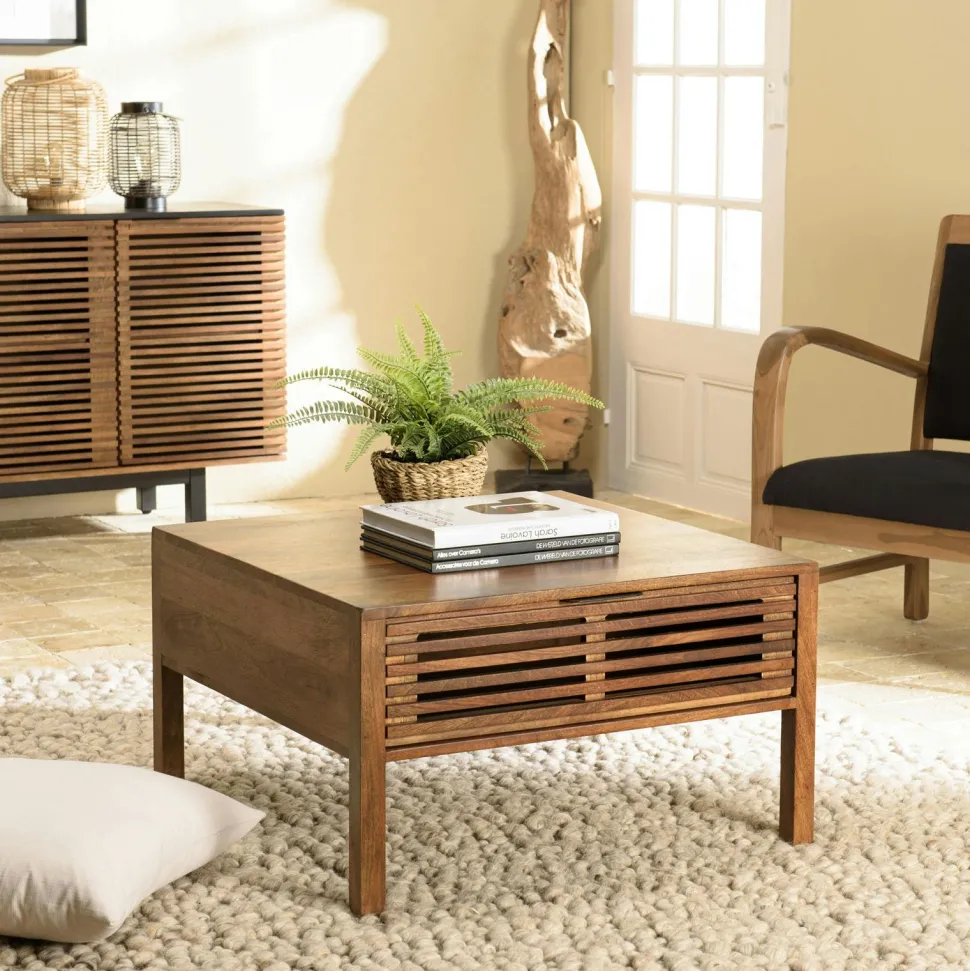 Table basse carrée 70x70 cm bois exotique 2 tiroirs opposés KANHA