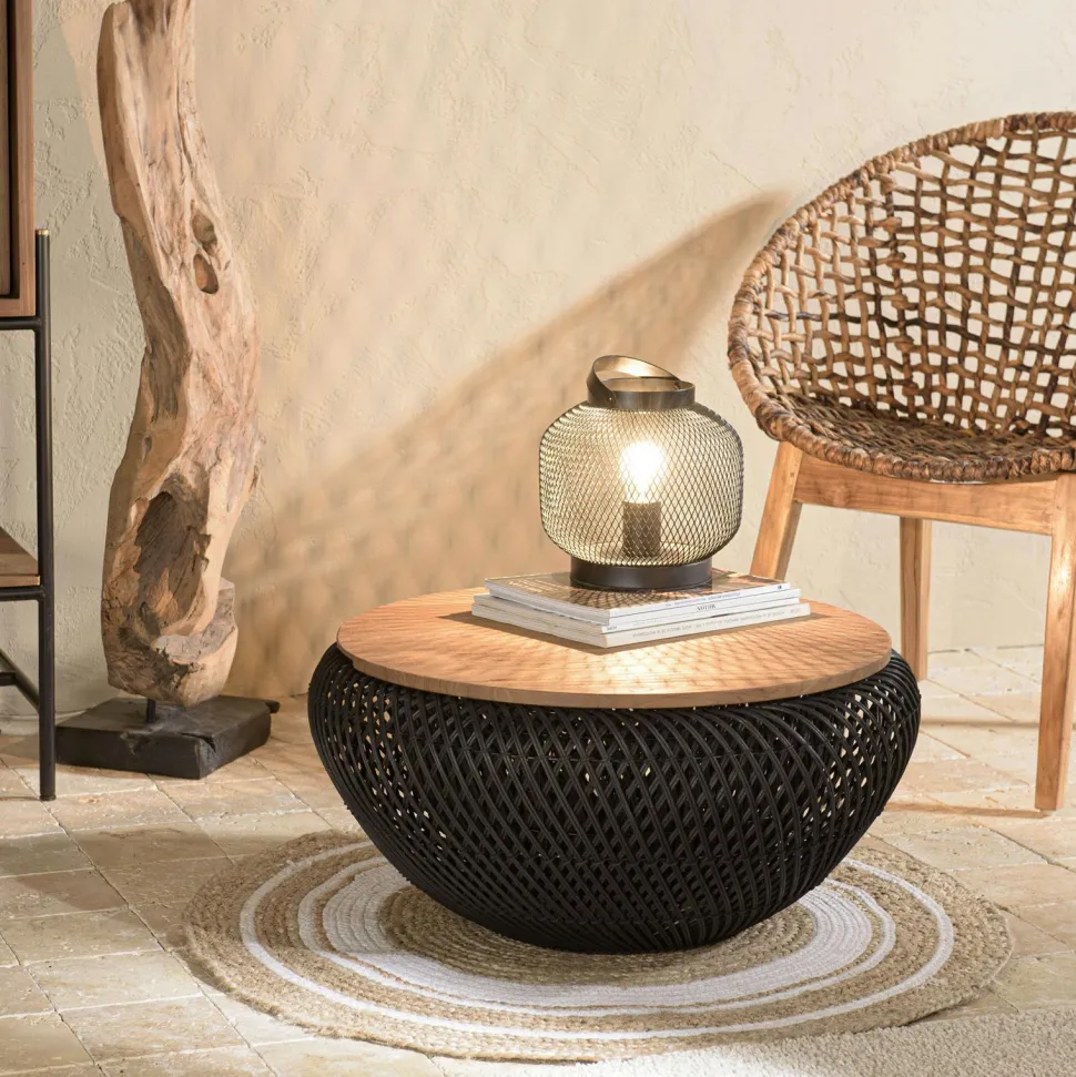 Table basse coffre ronde rotin noir et teck recyclé 66 cm SWING