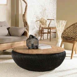 Table basse coffre ronde rotin noir et teck recyclé 100 cm SWING