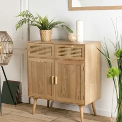 Table basse coffre ronde rotin beige et teck recyclé 66 cm SWING