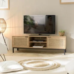 Table basse coffre ronde rotin beige et teck recyclé 66 cm SWING