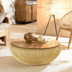 Table basse coffre ronde rotin beige et teck recyclé 81 cm SWING