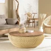 Table basse coffre ronde rotin beige et teck recyclé 100 cm SWING