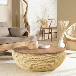 Table basse coffre ronde rotin beige et teck recyclé 100 cm SWING