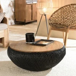 Table basse coffre ronde rotin noir et teck recyclé 81 cm SWING
