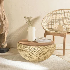 Table basse coffre ronde rotin noir et teck recyclé 81 cm SWING