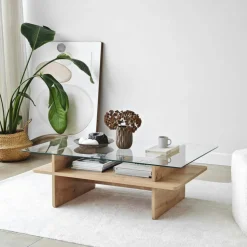 Table basse design 2 plateaux, verre et effet bois SALTA