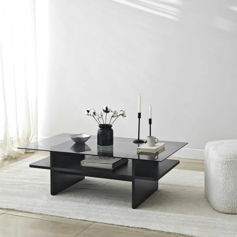 Table basse design 2 plateaux, verre fumé et noir SALTA