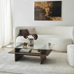 Table basse design 2 plateaux, verre et effet noyer SALTA