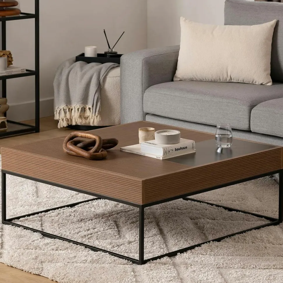 Table basse design carrée effet noyer & anthracite JENA