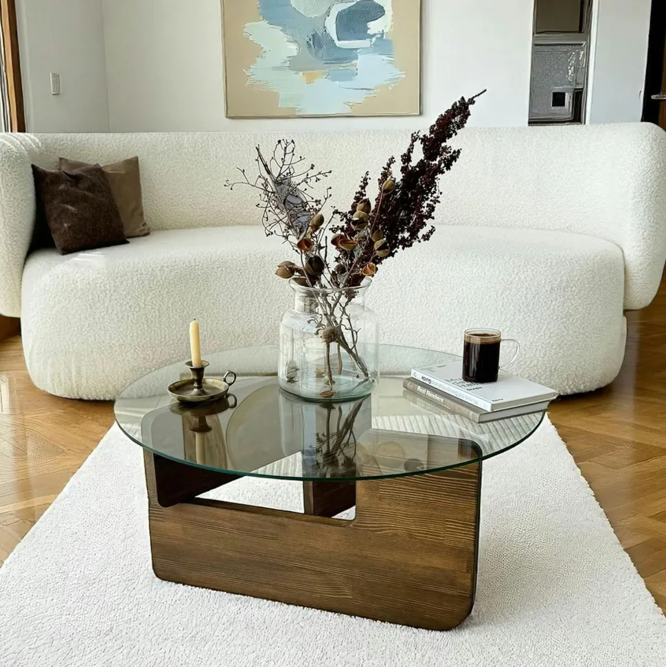 Table basse design en verre - pied bois brun ANZIO