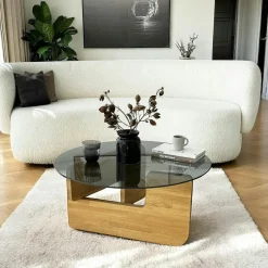 Table basse design en verre fumé – pied bois clair ANZIO