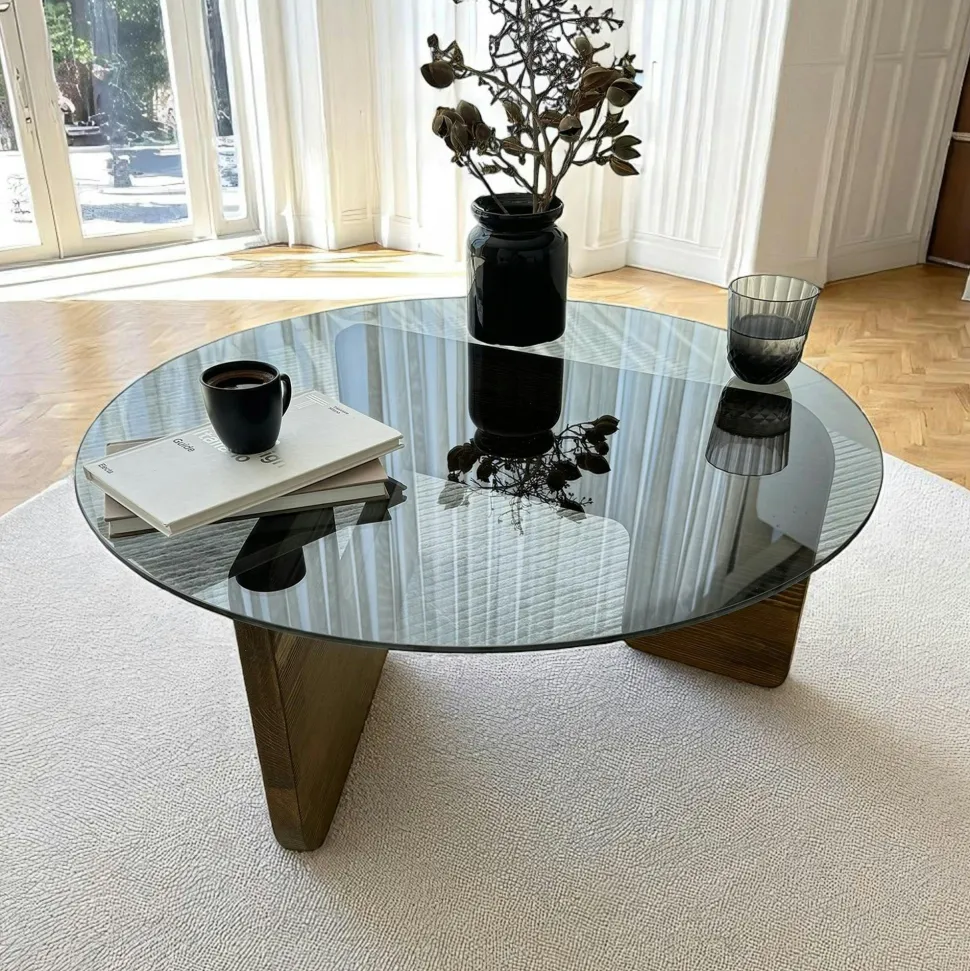 Table basse design en verre fumé – pied bois clair ANZIO