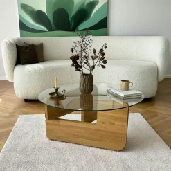 Table basse design en verre - pied bois clair ANZIO