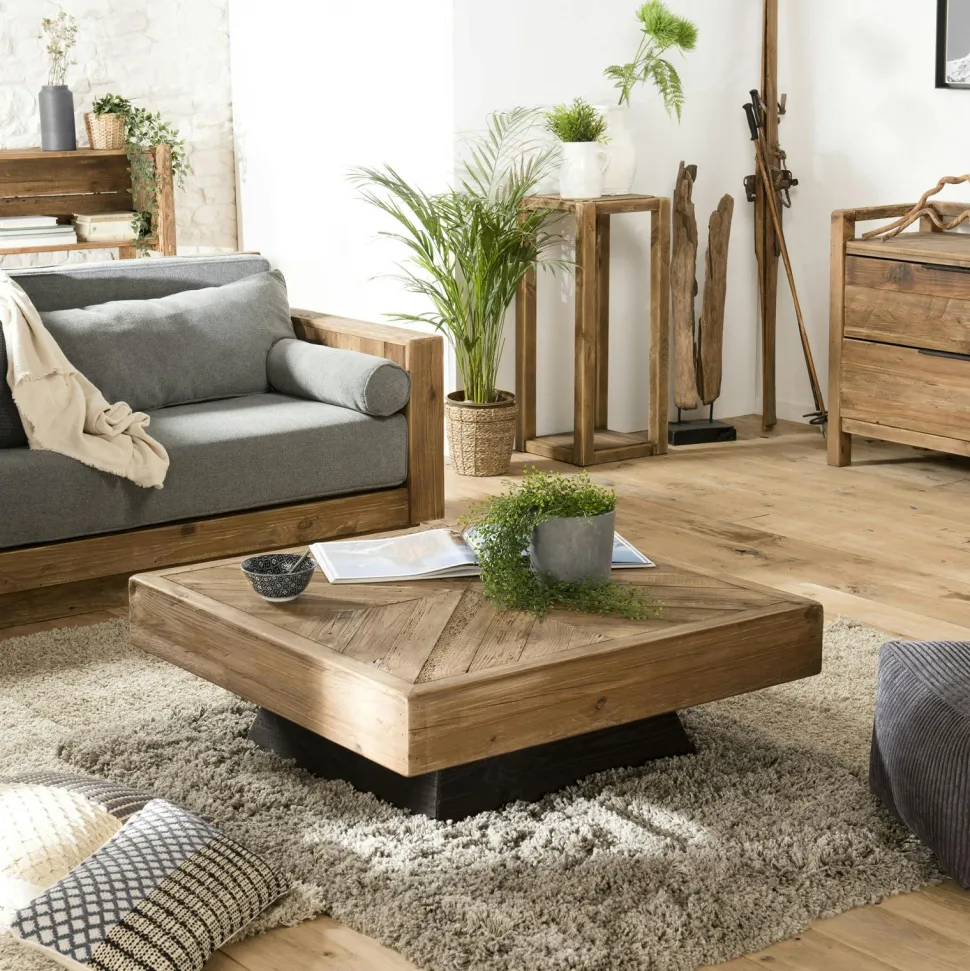 Table basse double plateau en bois de pin recyclé et verre DENVER