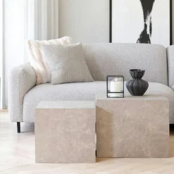 Table basse effet marbre beige - set de 2 cubes design TRINITE