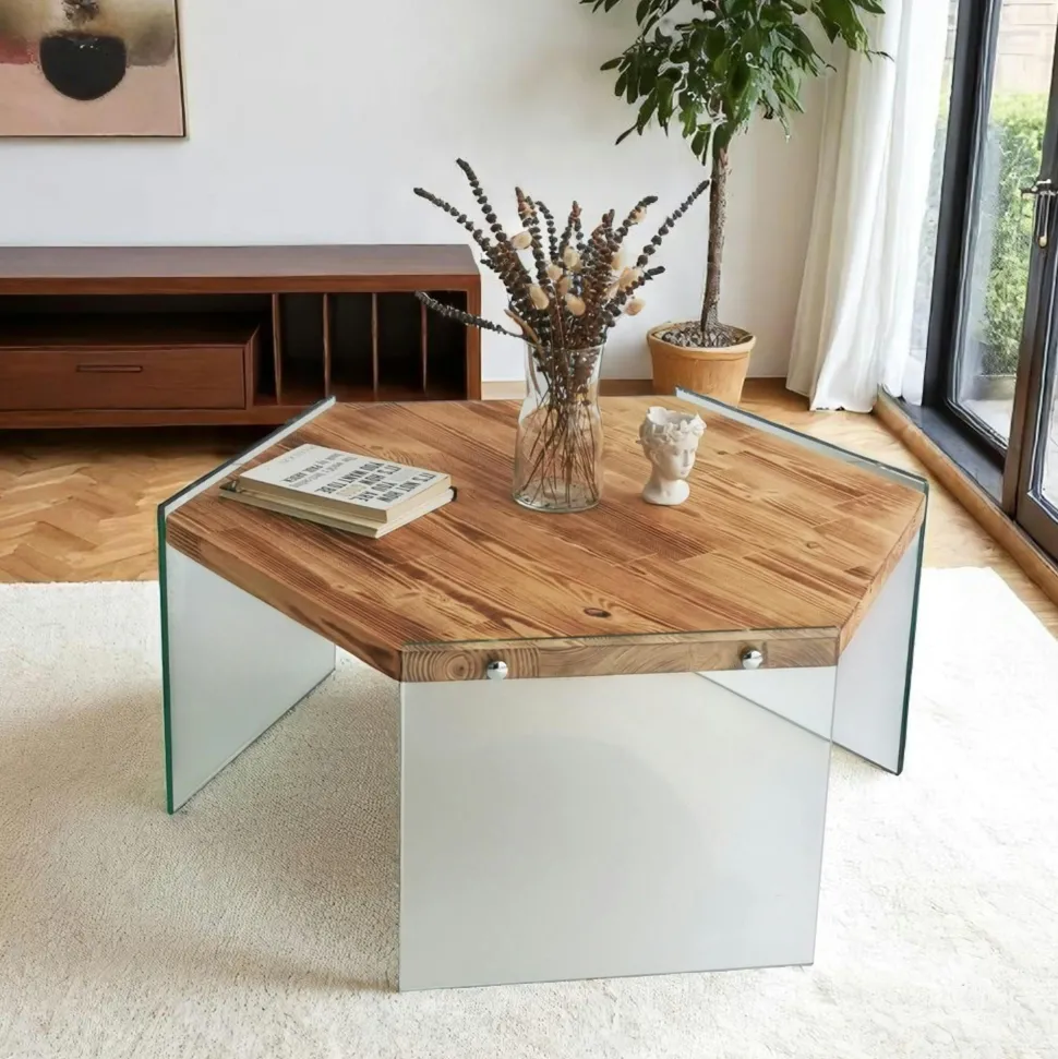 Table basse en bois clair et verre - forme hexagone LHASA