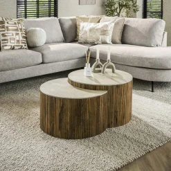 Table basse en bois de manguier et céramique, forme lune (lot de 2) ASCOLI
